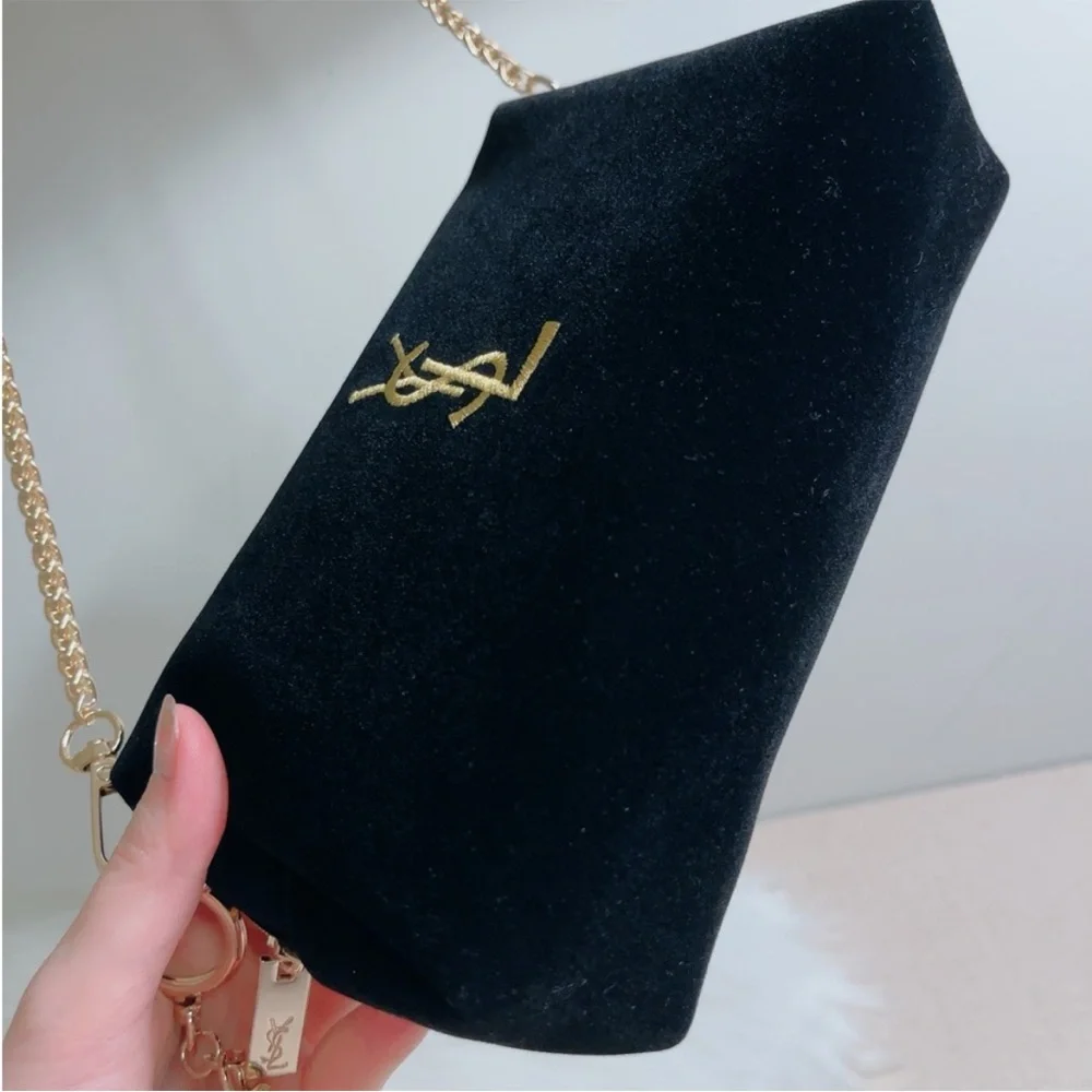 YSL YVES SAINT LAURENT Black Velvet bag purse clutch Gold Logo Chain tassel - Picture 4 of 7